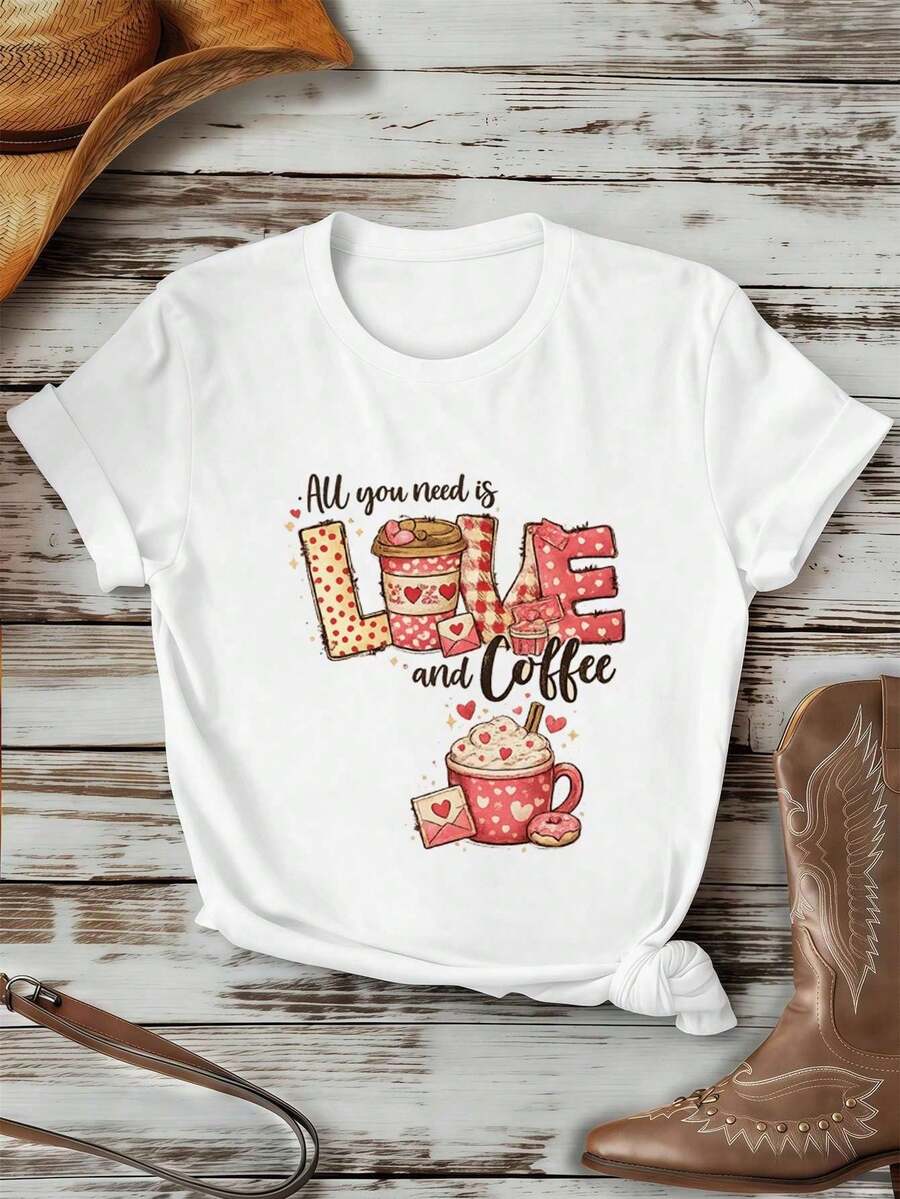 Women's T-Shirt With "Love Coffee" Print, 100% Cotton, Loose Fit, Casual, Graphic Design. - White - View 1
