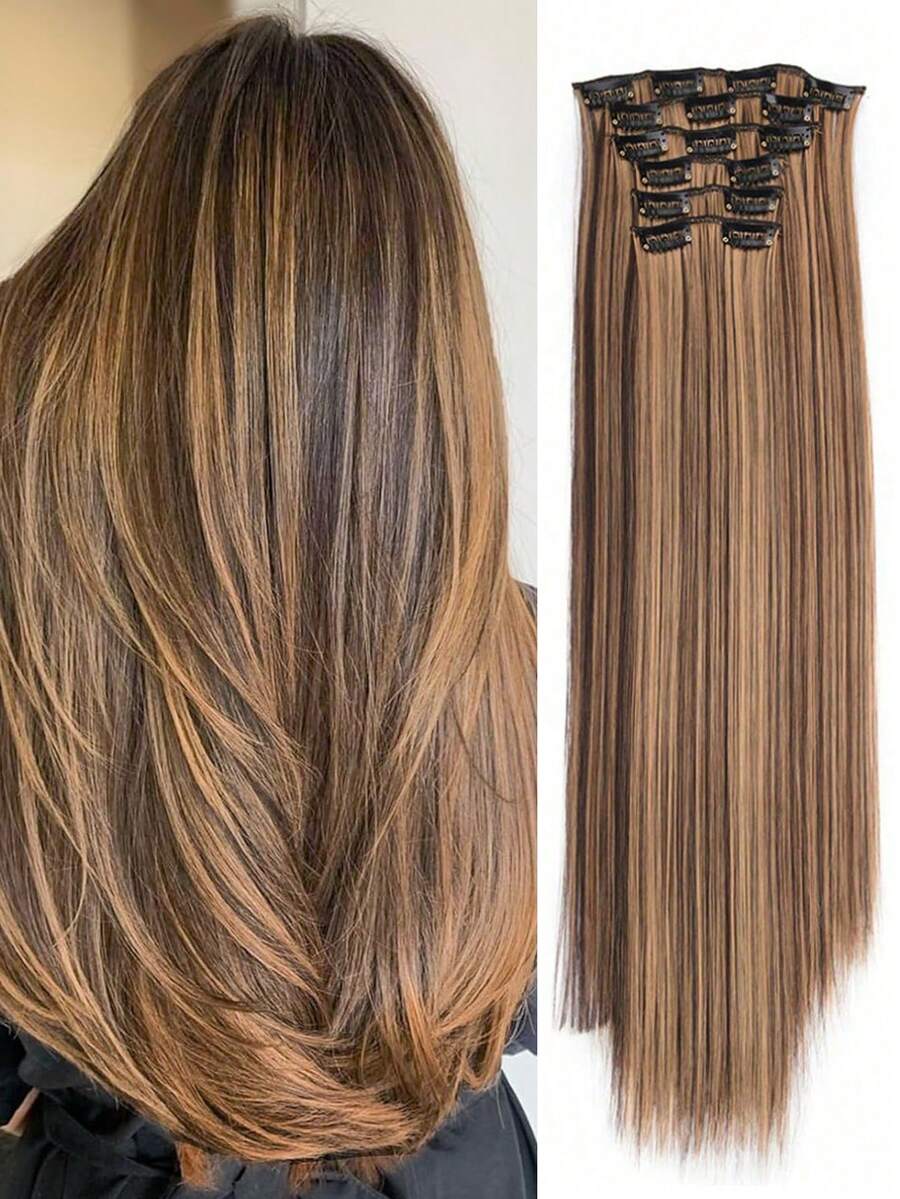 Extensiones de Cabello Extra Largo de 24 Pulgadas con 6-16 Clips Compuestos, Piezas de Peluca Negro Marrón Natural para Mujeres