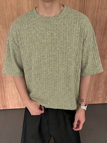 SU ER 男士夏季休閒極簡短袖T恤上衣 - 卡其色 - 查看 3