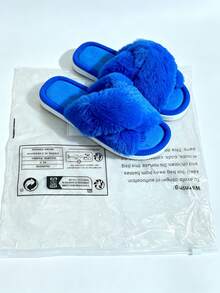 Fashionable New Open-Toe Indoor Slippers, Slip-On Comfortable Anti-Slip Silent Indoor Slippers, Solid Color Cute Fabric Cross-Strap Home Wear All Seasons - Royal Blue - View 5