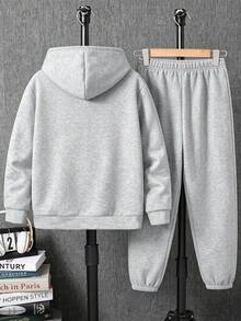 Varm hoodie- och byxset med cartoon-tryck för tween-pojkar - Grå - Visa 2