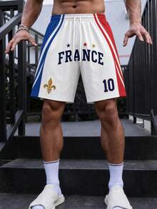 Fractyr 男款 French 10 足球條紋運動短褲，藍色 & 白色 & 紅色街頭風休閒彈性腰運動短褲，附百合花紋 & 星星印花 - 白色 - 查看 3
