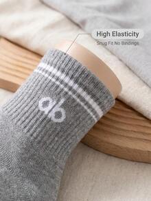 3/6/12 Pairs Kids Double Stripe Cuff AB Letter Print Soft Sweat-Absorbent Mid-Calf Socks, Campus Daily Street Style All-Season - Multicolor - View 8