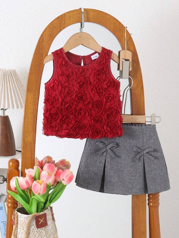 2pcs Baby Girl Outfit Set Elegant Princess Style 3D Rose Flower Design Round Neck Sleeveless Tank Top With Bowknot A-Line Skirt Summer Party