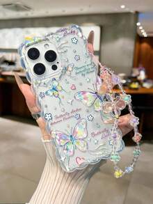 Butterfly Painted Twisted Wave Edge Transparent Phone Case With Attached Bracelet, Flat Printing, Anti-Fall, Fashionable Cute Design For IPhone 17/17 Pro/17 Pro Max/16/16 Pro/16 Pro Max/16 Plus/14/15, 10 Cases, Thickened Soft Full Coverage Protective Shell For P14/P13/P12/P11 - Multicolor - View 4