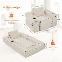 Folding Corduroy Sofa With High-Density Foam And Spring Core For Stable Seating, Side Pocket And Cup Holder, Armrest With Zip, Vacuum Packed, Easy Assembly, For Apartment And Living Room. - 米色 - 查看 3