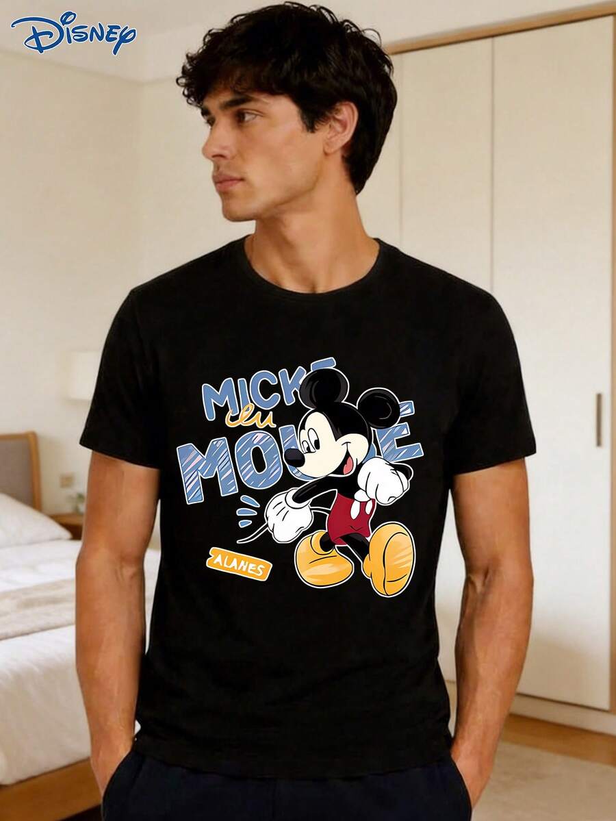 Disney 1pc Men's Short Sleeve T-Shirt, Mickey Mouse Cartoon Graphic Print, Crew Neck, Slightly Elastic - Black - View 1