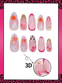 24 Stück mittelgroße mandelförmige Press-On-Nägel, Sommer 3D Frucht- & Muscheltextur, Blumen- & Seestern-Muster mit weißen French Tips, Goldperlen- & Weißperlen-Akzenten, einfach zu tragen, geeignet für Frauen und Mädchen zum täglichen Tragen - Babypink - Übersicht 3