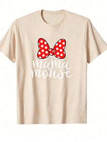 Chic Mama Mouse T-Shirt With Graphic Print, Short Sleeves, Cotton, Round Neck, Casual Style, Ideal Gift For Mom. - 杏色 - 查看 12