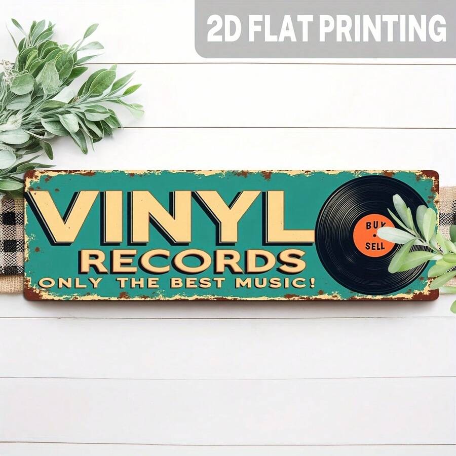 2D Flat - Vintage Record Metal Sign - Retro Music Theme Wall Decor, 4X16 Inches, With Deep Green Background And Bright Yellow And White Printing, Perfect For Men's Study, Music Room, Bar Or Studio - Multicolor - View 1