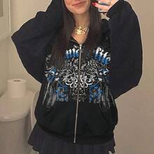 Women Zip Up Hoodie Y2k Vintage Graphic Oversized Hooded Sweatshirt Jacket Pullover Coats Harajuku Streetwear - Black - View 2