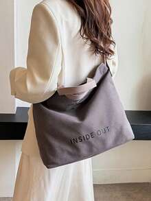 Retro Canvas Tote Bag Letter Print Shoulder Crossbody Bag Large-Capacity Double Handle Handbag College Grey Purse Back To School Travel Essential - 灰色 - 查看 5