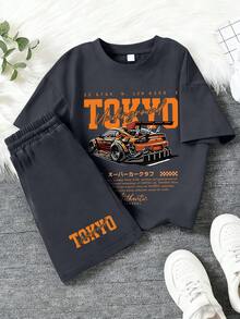 2pcs/Set Boys' Racing Theme Print Loose Top + Sports Shorts, Comfortable And Soft, Suitable For Summer And Sports - Dark Grey - View 3