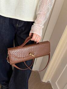 Tas Clutch Wanita Anyaman untuk Acara Malam, Tas Tangan Persegi Panjang dengan Pegangan Atas dan Tali Selempang yang Dapat Dilepas, Tas Bahu Minimalis Bergaya Vintage, Cocok untuk Pesta dan Perjalanan Sehari-hari - Coklat - View 2