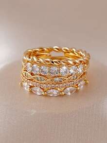 Juego de 5 anillos de circonita artificial incrustada, simple y versátil, apilable y combinable, adecuado para uso diario, citas, fiestas y reuniones de mujeres - Amarillo Oro - Ver 2