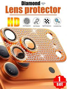 1pc Rhinestone Lens Protector For 17 Pro/17 Pro Max, High Definition Tempered Glass, Camera Accessory, 9H Hardness, Anti-Scratch Lens Protector, Ultra Durable, Compatible With Phone Case [Does Not Affect Night Photography] - Orange - View 1