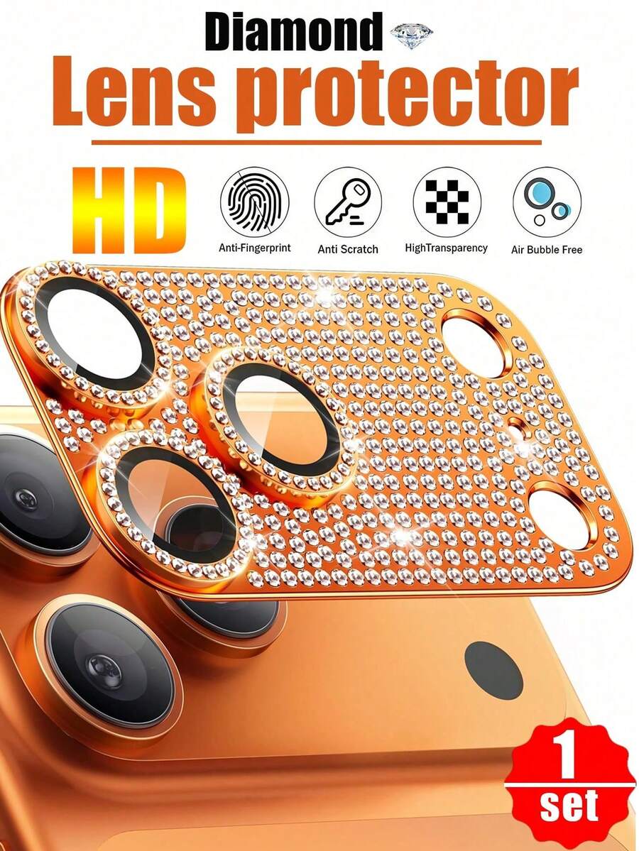 1pc Rhinestone Lens Protector For 17 Pro/17 Pro Max, High Definition Tempered Glass, Camera Accessory, 9H Hardness, Anti-Scratch Lens Protector, Ultra Durable, Compatible With Phone Case [Does Not Affect Night Photography] - Orange - View 1