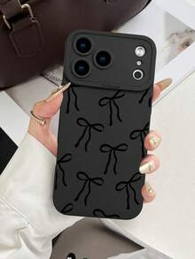 1pc 2D Printed Bow Pattern Phone Case, Matte Black Frosted Anti-Fingerprint TPU Soft Shell, Raised Full Camera Protection, Shockproof, Anti-Drop, Dustproof, Waterproof, Classic Minimalist Premium Style, Atmospheric, Ins Style, Vintage, Suitable As Gift For Friends, Family, Couples, Birthday, Holiday - Black - View 5