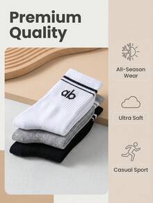 3/6/12 Pairs Kids Double Stripe Cuff AB Letter Print Soft Sweat-Absorbent Mid-Calf Socks, Campus Daily Street Style All-Season - Multicolor - View 7