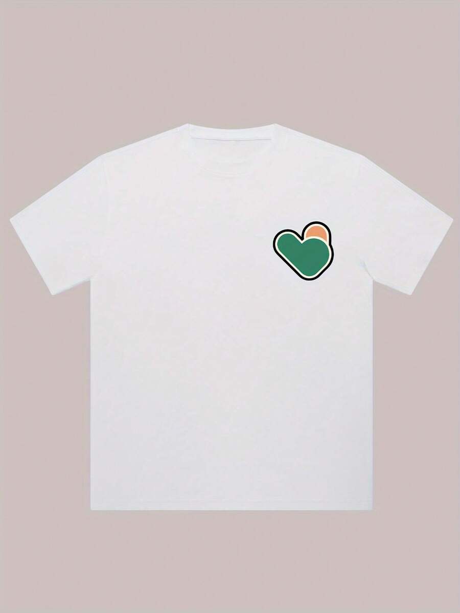Green And Orange Heart-Shaped Unisex American-Style T-Shirt With Design, Made From Pure Cotton And Printed For Men. - 白色 - 查看 1
