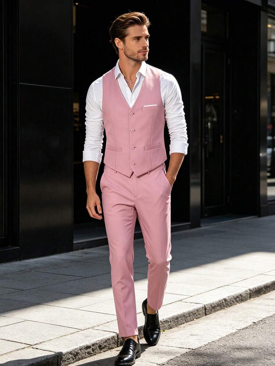 WindsorQuad Men's 3 PiecesSuit Set, Elegant Solid Color Slim Fit Gentleman Vest, Pants And Tie Set, Business Commute, Wedding, Party, Ball - Pink - View 1