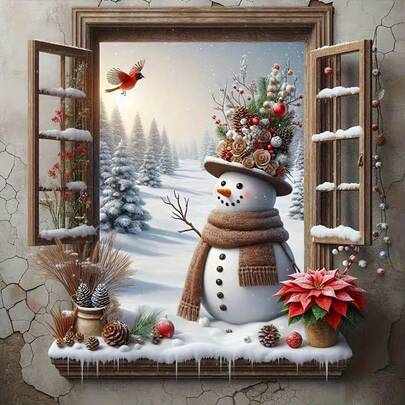 New 5D DIY Diamond Painting Kit - Window Scene Christmas Snowman, Acrylic Diamond Art Mosaic Craft, Living Room, Bedroom, Home Decor Handmade Painting, Christmas Holiday Gift, Unframed