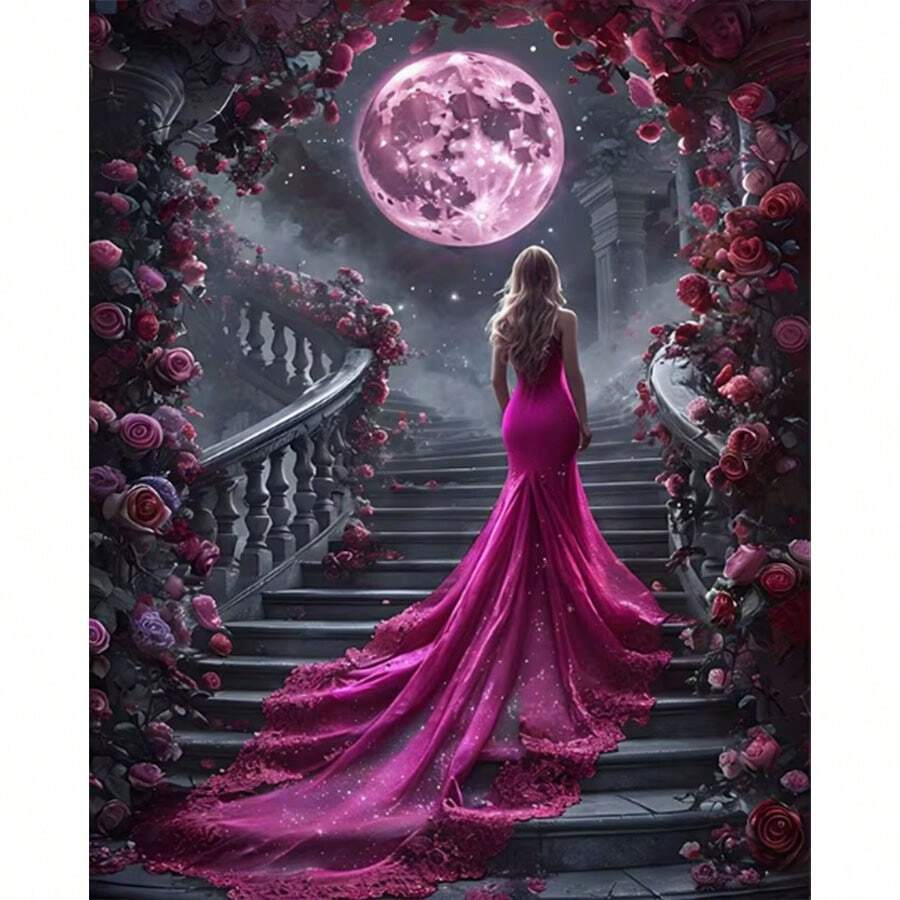 Neues 5D DIY Diamant Malerei Set - Mädchen in lila Kleid unter Mondlicht Rosenlandschaft, Acryl Diamant Kunst Mosaik Handwerk, Wohnzimmer, Schlafzimmer, Heimdekoration handgemalte Malerei, Weihnachts- und Feiertagsgeschenk, ohne Rahmen
