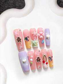 10pcs Sweet Style Handmade Press-On Nails, Polygel Nail Art Set, Heart, Starfish, Cherry And Star Patterns, Purple, Pink, Yellow Nail Polish, Cute Girl Style, Includes Nail Tools, 3 Sizes Available, Almond, Duck, Coffin Shape, Suitable For Party, Dancing, Daily Wear - 彩色 - 查看 12
