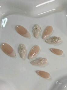 10pcs Pure Handmade White French Edge 3D Flower Daily Nude Exquisite Cute Simple Fashion High-End Fake Nails Handmade Press On Nails - White - View 4