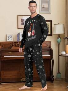 Customized Men's Sleepwear Set, Customizable With Any Unique Pattern As A Holiday Gift, Suitable For Couples, Friends, Holiday Parties, Christmas - Black - View 3