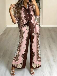 Women's Spring/Autumn Casual Fashion Full Print Bohemian Lapel Top And Allover Print Long Pants Elegant Daily 2-Piece Set Summer - Multicolor - View 3