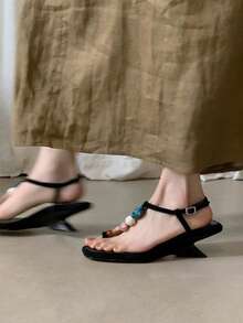 女款法式復古金屬腳趾綁帶涼鞋，夏季百搭極簡休閒細帶組合粗跟涼鞋，坡跟鞋 - 黑色 - 查看 8