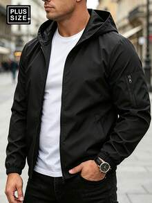 Men's Casual Plus Size Lightweight Jacket, Outdoor Comfortable Business Hooded Jacket With Arm Pockets, Suitable For Running, Hiking, Gift For Husband, Father, Friend - Black - View 2
