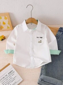 Young Boy Car Embroidery White Shirt Autumn - White - View 1