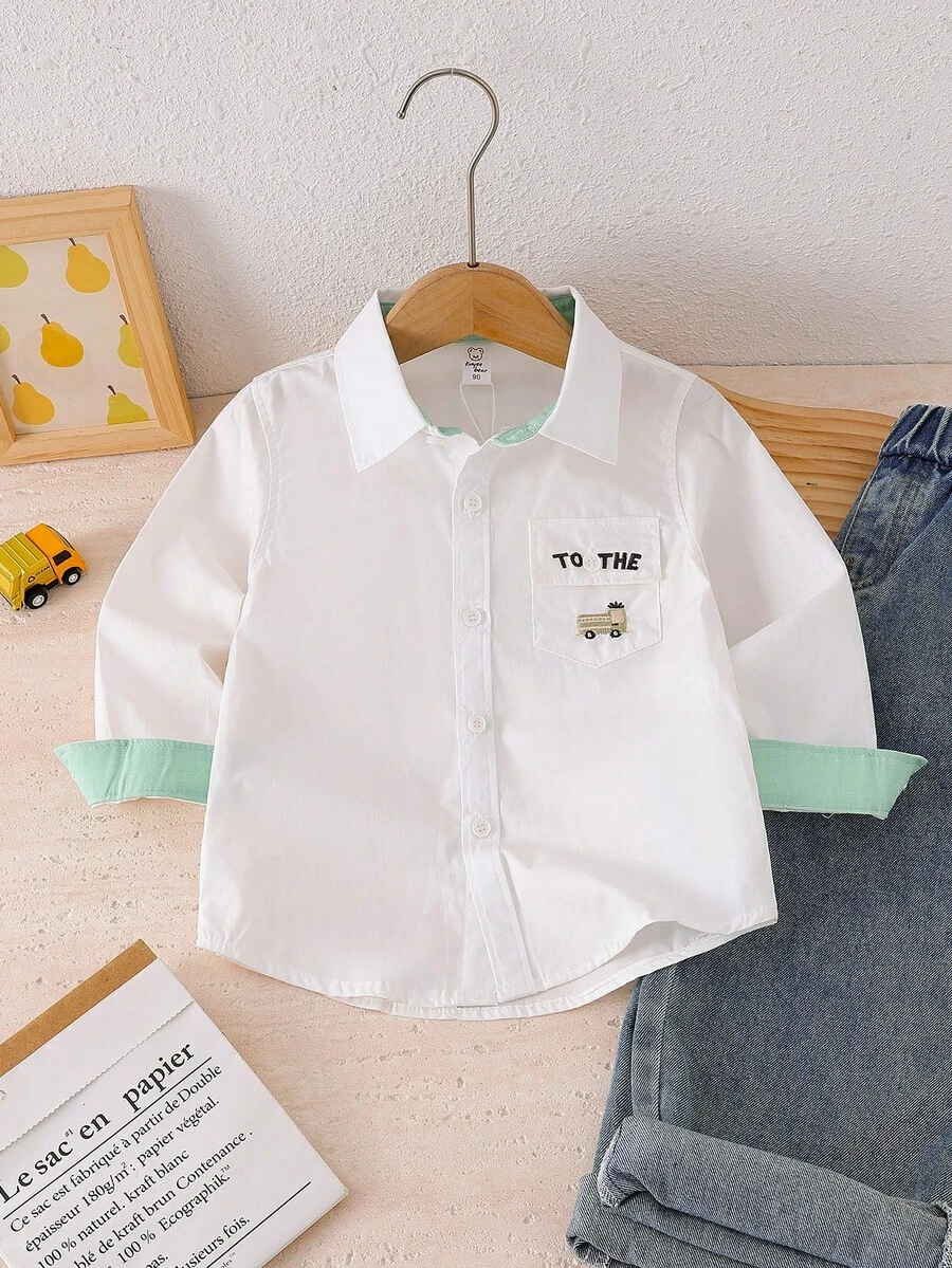 Young Boy Car Embroidery White Shirt Autumn - White - View 1
