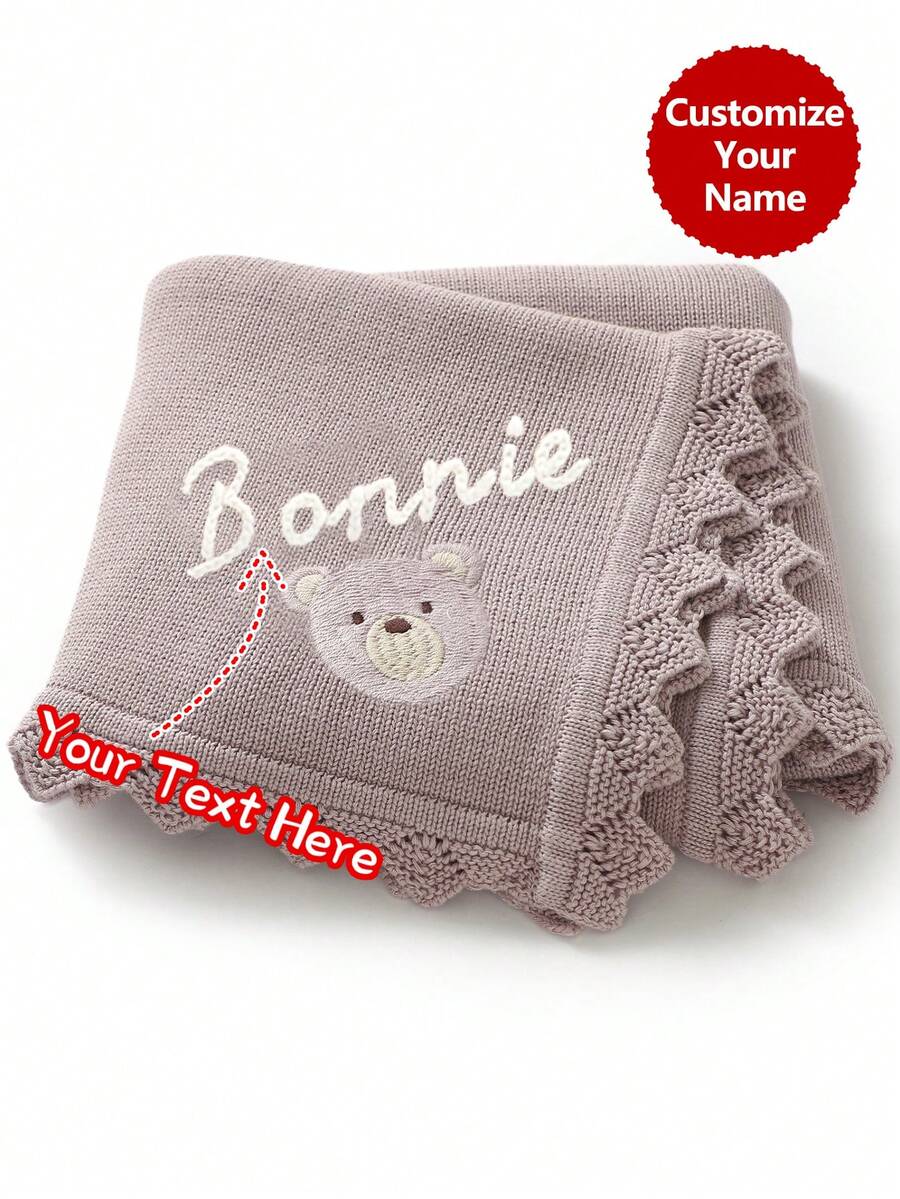 Customizable Name Hand-Embroidered Knitted Baby Blanket, Cute Bear Embroidery Baby Swaddle Blanket, Children's Blanket, All-Season Personalized Custom - Light Purple - View 1