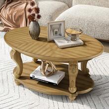LKTART - Juego de mesa de centro de madera con estante de almacenamiento, mesas de café ovaladas y mesa auxiliar redonda para sala de estar, granja, patas talladas elegantes antiguas, fácil montaje - Mesa de centro natural antigua - Ver 7