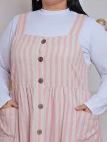 Plus Size Linen Button-Down Short Dress With Pockets, New Style - Striped Pink - View 5