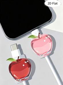 4/1pc 2D Flat Design Exquisite Pink Apple Pattern Data Cable Protector, Scratch-Resistant Type-C/Phone Charging Cable Protection Accessory, Fashionable Durable Fun Design, Sturdy Plastic Material - Multicolor - View 1