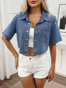 Women's Short Denim Shirt With Rhinestones, Casual Elegant Short Sleeve Top Summer - Blue - View 3