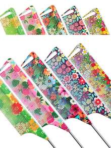 Peine de cola de rata antiestático de colores - 15 opciones de patrones | Peinado profesional & uso doméstico, duradero & elegante | Estampados de leopardo/neón/flores disponibles - Multicolor - Ver 5