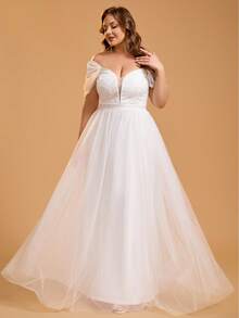 Plus Size Women's Elegant Solid Color Mesh Party Wedding Dress, Suitable For Wedding Events, Bachelorette Party, Bridal Shower, Brunch, Engagement, Honeymoon, Spring Summer Autumn - White - View 6