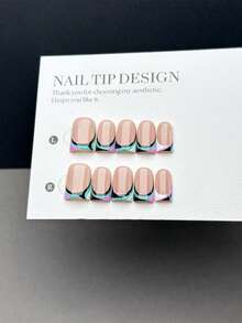 10 Hand-Made Nails, Short Square-Shaped Press-On Fake Nails, Nude Nail Base, Hand-Painted Black/White/Blue/Pink And Other Colors Y2K Contrasting Asymmetric Lines French Nails, Suitable For Daily Wear By Women And Girls, With Nail Set Handmade Press On Nails - Multicolor - View 2