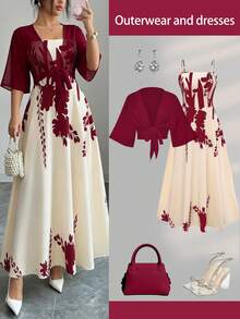 Gaun Chiffon Motif Bunga Kecil Elegan untuk Wanita dengan Selendang, Set 2 Potong Musim Semi Musim Panas - Burgundy - View 11
