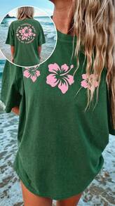 Summer TopsWomen Y2k Oversized Graphic Tees Floral Print Short Sleeve Crewneck T Shirts Loose Fit Summer   Tops For Teen Girls Aesthetic Clothes 2000s - 竹綠 - 查看 1