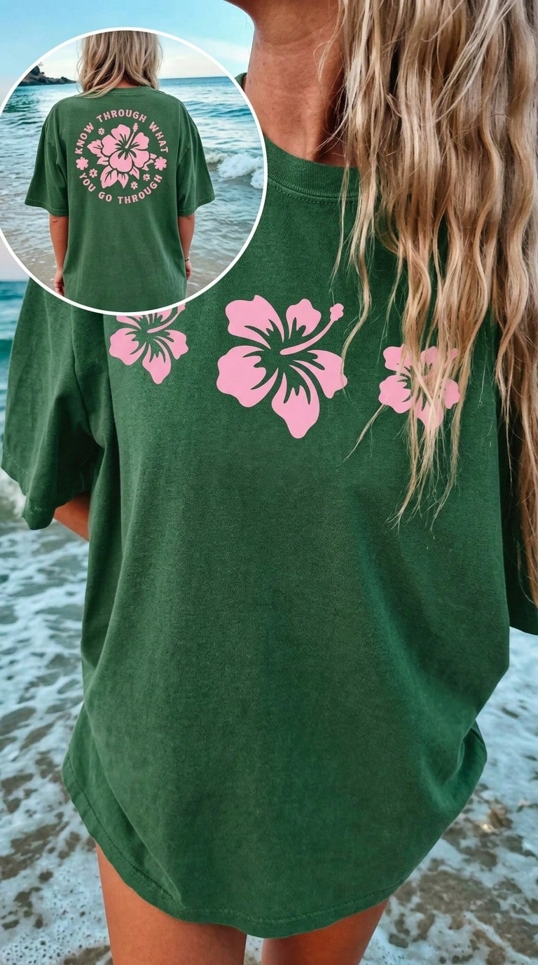 Summer TopsWomen Y2k Oversized Graphic Tees Floral Print Short Sleeve Crewneck T Shirts Loose Fit Summer Tops For Teen Girls Aesthetic Clothes 2000s - 竹綠 - 查看 1