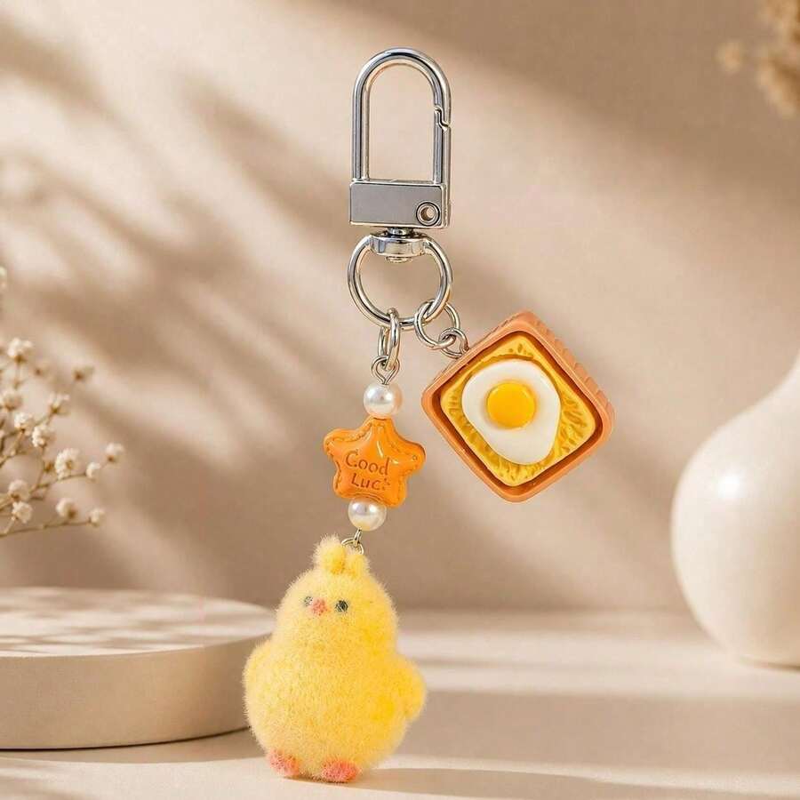 1pc Unisex Cartoon Flocked Chick Keychain, Cute Heart Capybara Yellow Bead Pendant Accessory Bag Charm - Multicolor - View 1