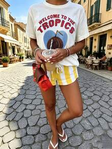 2pcs Women Printed Short Sleeve Top + Elastic Waist Shorts Pajama Set - White - View 3