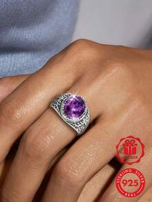 1pc S925 Sterling Silver Vintage Heavy Carved Synthetic Purple Zirconia Ring, Large Faceted Transparent Purple Zirconia Wide Band Ring, Sizes 7-11 Available, Perfect Gift For Valentine's Day, Best Friend, Birthday, Anniversary, Comes With Gift Box - Silver - View 4