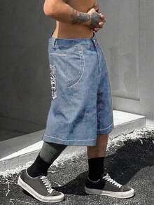 Teens/Youth Black Denim Shorts With White Graffiti Details, Oversized Streetwear Style - Baby Blue - View 3